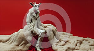 Goat in luxury wealthy fancy chic luxurious impeccable fur feather fabric outfits isolated on bright background