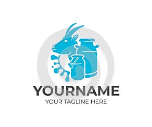 Goat, milk cans and splash milk, logo design. Dairy farm, milk farm, cattle breeding and stock raising, vector design