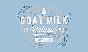 Goat Milk logo. Goat silhouette. Dairy Poster template for grocery store, food market, restaurant, package design.