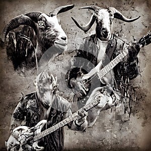 Goat rock star musicians playing electric guitars in grunge style image