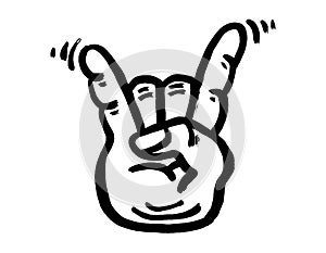 Goat rock symbol, hand gesture. Cool, party, respect, communication Rock and Roll icon. Lineart doodle hand-drawn vector