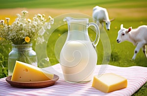 Goat's milk in a glass jug and cheese with daisies on a tablecloth against a blurred summer field with grazing