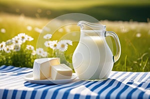 Goat's milk in a glass jug and cheese on a tablecloth against a blurred summer field with grazing cattle. Farming