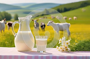 Goat's milk in a glass jug and cheese on a tablecloth against a blurred summer field with grazing cattle. Farming