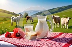Goat's milk in a glass jug and cheese on a tablecloth with red poppies against a background of a summer field with