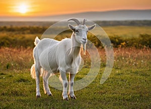 A goat stands in a field at sunset, during the golden hour.