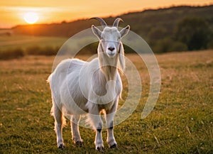 A goat stands in a field at sunset, during the golden hour.