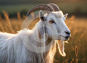 A goat stands in a field at sunset, during the golden hour.