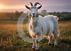 A goat stands in a field at sunset, during the golden hour.