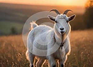 A goat stands in a field at sunset, during the golden hour.