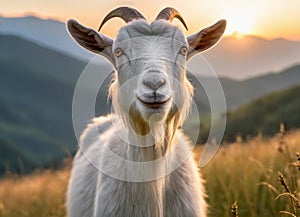 A goat stands in a field at sunset, during the golden hour.