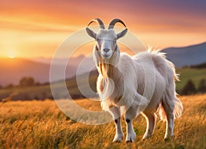 A goat stands in a field at sunset, during the golden hour.