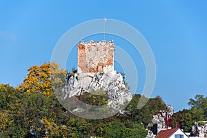 Goat Tower Kozi Hradek rocky dominant of the Mikulov skyline, South Moravia, Czech Republic, sunny day