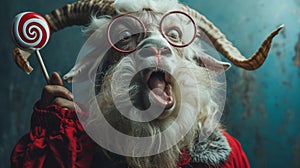 A goat wearing glasses and holding a lollipop in its mouth, AI