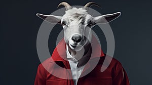 Minimalist Fashion Portrait Of Goat In Red Jacket photo