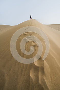 Gobi Desert, China - 08 07 2016 : Hike in the Gobi desert. Sand dunes with footprint in the Gobi Desert in China