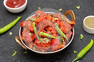 Gobi Manchurian dry or chilly gobi cauliflower fry, street food North India