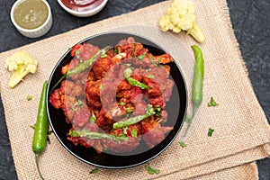 Gobi Manchurian dry or chilly gobi cauliflower fry, street food Punjab North India