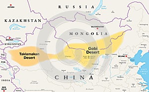 Gobi Desert and Taklamakan Desert, political map