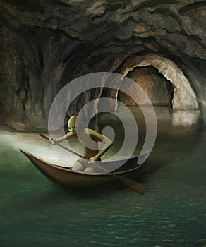 Goblin in boat on underground lake