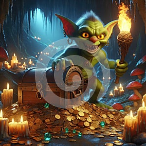 Goblin Guarding Treasure in Cave