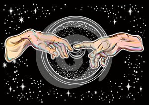 God and Adams hands. Modern vector illustration. The Creation of Adam. Philosophy of the Universe and religious motives.