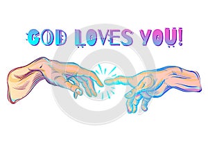 God and Adams hands. Modern vector illustration. The Creation of Adam. Philosophy of the Universe and religious motives.