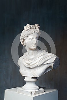 God Apollo bust sculpture. Ancient Greek god of Sun and Poetry Plaster copy of a marble statue on grange concrete wall