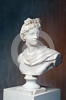 God Apollo bust sculpture. Ancient Greek god of Sun and Poetry Plaster copy of a marble statue on grange concrete wall photo