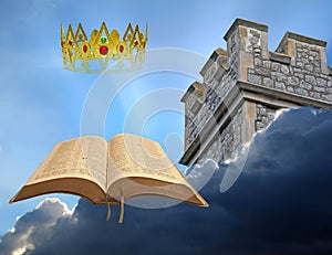 God bible bibles kingdom heaven golden gold crown king tower watchtower open sky clouds christ jesus jehovah jah yahweh photo