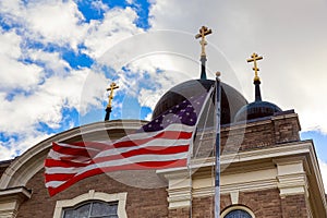 God Bless America American flag and church steeple