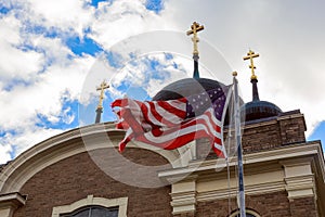 God Bless America American flag and church steeple