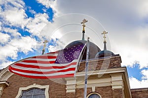 God Bless America American flag and church steeple