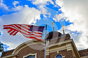 God Bless America American flag and church steeple