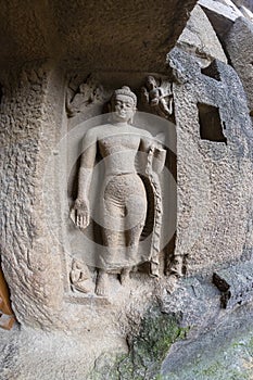 God budha hand-made scriptures on walls in historic and centuries old kanheri caves in mumbai, India