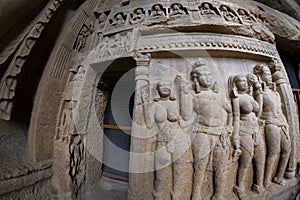 God budha hand-made scriptures on walls in historic and centuries old kanheri caves in mumbai, India