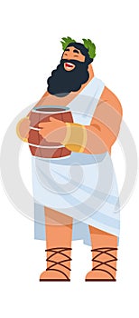 God Dionysus. Ancient Greek deity, divine patron of winemaking. Cartoon bearded fat man in toga holding wine barrel