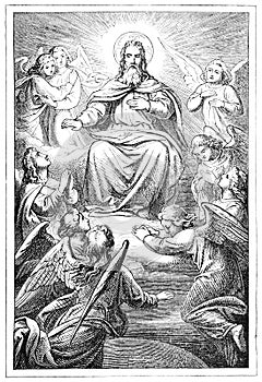 God the Father Sitting on Throne in Heaven Surrounded by Angels or Cherubs. Bible, Old testament. Vintage Antique