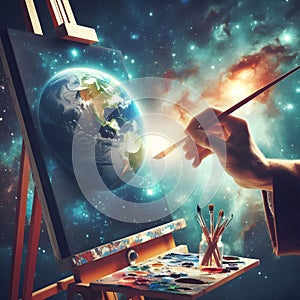 God hands hold paintbrush painting the blue planet Earth on cosmic canvas