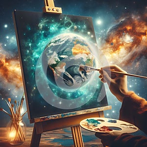 God hands hold paintbrush painting earth on cosmic canvas