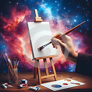 God hands hold paintbrush painting the universe on blank cosmic canvas