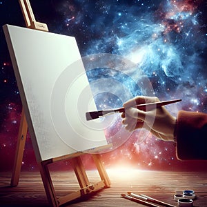 God hands hold paintbrush painting the universe on blank cosmic canvas