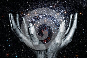 God hands holding a star galaxy