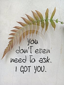 God inspirational words - You do not even need to ask. I got you. On white background of fern leaf on the wall. Believe in God.