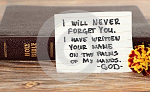 God Jesus Christ`s love for faithful believers handwritten Bible quote.