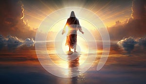 God Jesus Christ walks on water on sea at sunset with sun& x27;s holy rays. Biblical Religious History. Generative AI