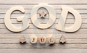 God Jul, Scandinavian Merry Christmas, Small wooden blocks and wooden letters