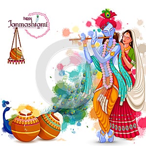 God Krishna playing flute with Radha on Happy Janmashtami festival background of India