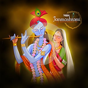 God Krishna playing flute with Radha on Happy Janmashtami festival background of India