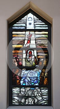 God leads his own to completion in all his glory, detail of stained glass window in church of Saint John in Piflas, Germany